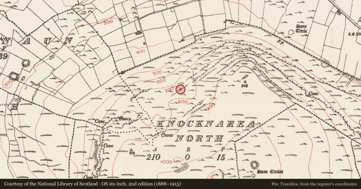 Ordnance Survey six-inch map, 2nd edition (1888–1915) covering the location of Building, Knocknarea North, County Sligo, with a pin at the register's coordinates
