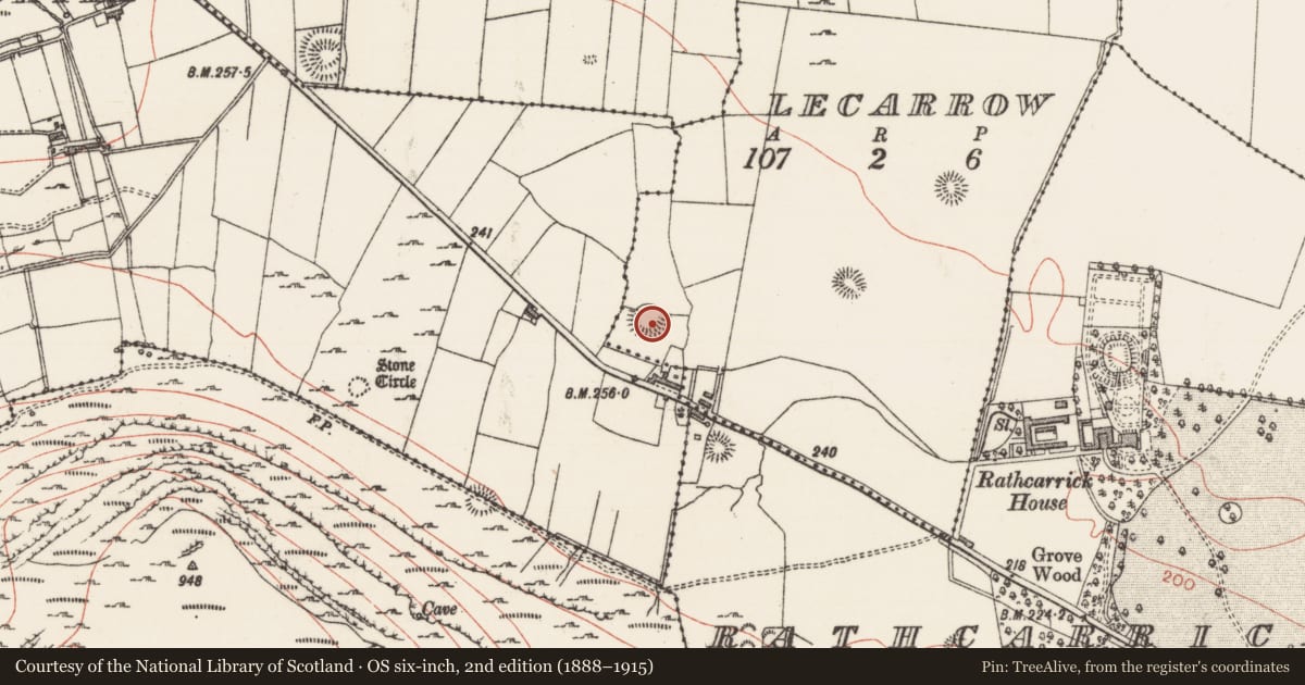 Ordnance Survey six-inch map, 2nd edition (1888–1915) covering the location of Ringfort - rath, Lecarrow, County Sligo, with a pin at the register's coordinates