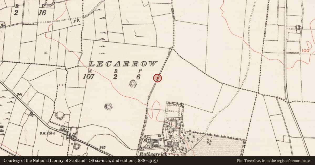 Ordnance Survey six-inch map, 2nd edition (1888–1915) covering the location of Enclosure, Lecarrow, County Sligo, with a pin at the register's coordinates