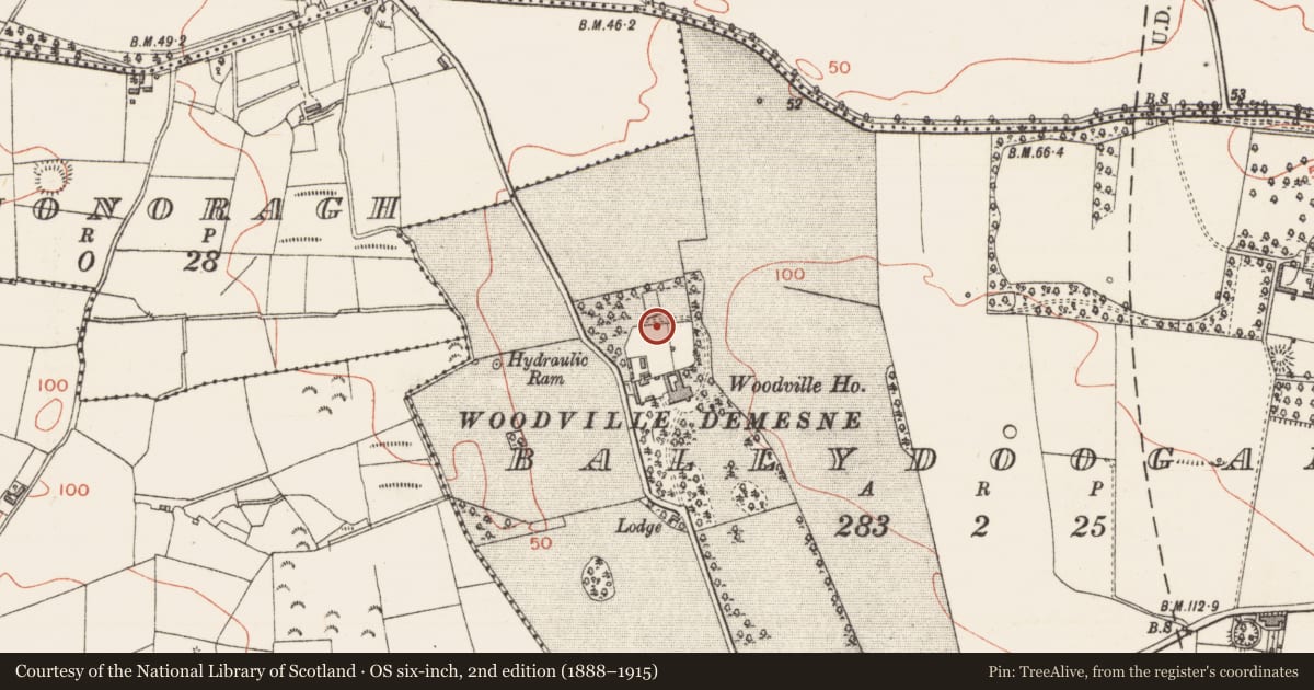 Ordnance Survey six-inch map, 2nd edition (1888–1915) covering the location of Enclosure, Ballydoogan, County Sligo, with a pin at the register's coordinates