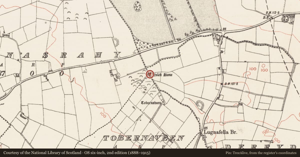 Ordnance Survey six-inch map, 2nd edition (1888–1915) covering the location of Standing stone, Derrydarragh Or Oakfield, County Sligo, with a pin at the register's coordinates