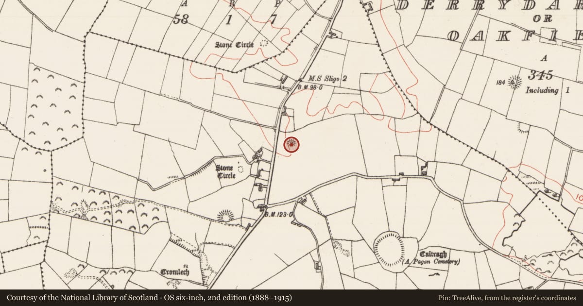 Ordnance Survey six-inch map, 2nd edition (1888–1915) covering the location of Barrow - ring-barrow, Carrowmore, County Sligo, with a pin at the register's coordinates