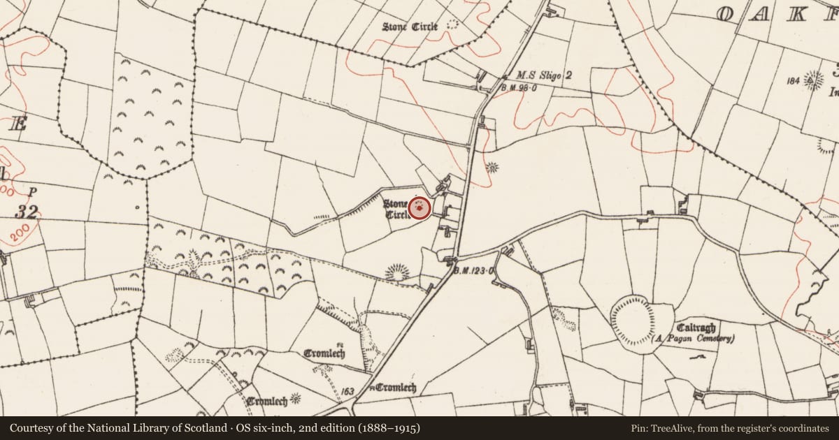 Ordnance Survey six-inch map, 2nd edition (1888–1915) covering the location of Megalithic tomb - passage tomb, Carrowmore, County Sligo, with a pin at the register's coordinates