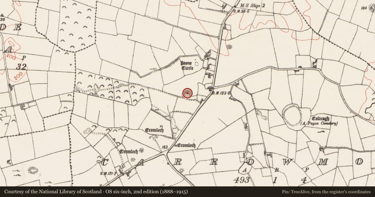 Ordnance Survey six-inch map, 2nd edition (1888–1915) covering the location of Hut site, Carrowmore, County Sligo, with a pin at the register's coordinates