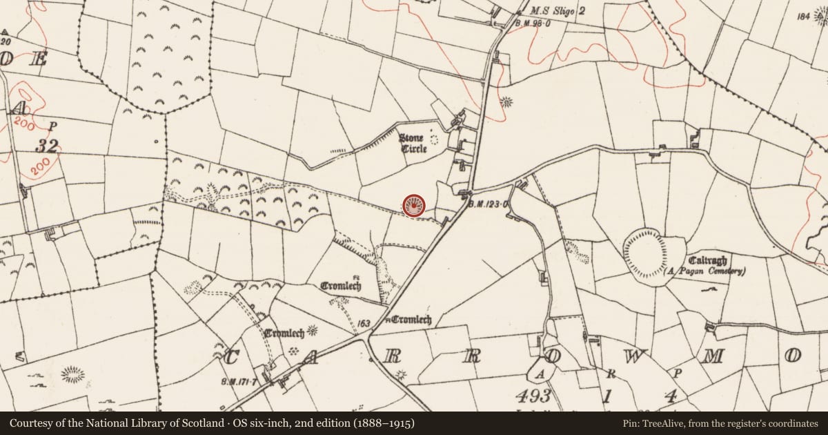 Ordnance Survey six-inch map, 2nd edition (1888–1915) covering the location of Hut site, Carrowmore, County Sligo, with a pin at the register's coordinates
