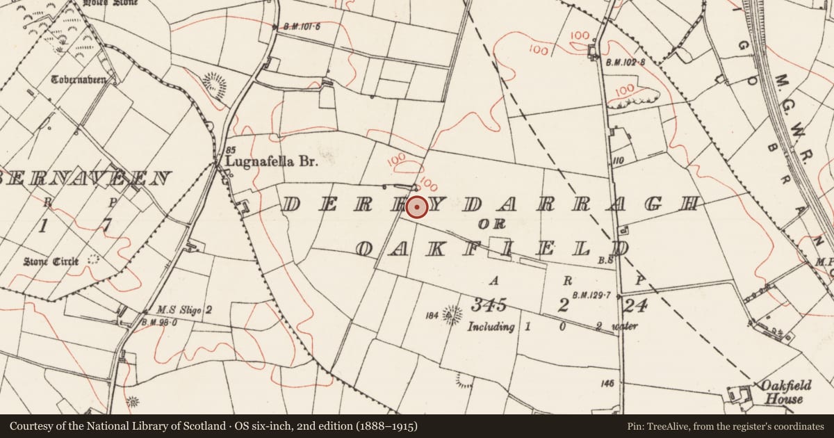 Ordnance Survey six-inch map, 2nd edition (1888–1915) covering the location of Barrow - ring-barrow, Derrydarragh Or Oakfield, County Sligo, with a pin at the register's coordinates