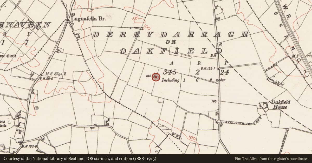 Ordnance Survey six-inch map, 2nd edition (1888–1915) covering the location of Ringfort - rath, Derrydarragh Or Oakfield, County Sligo, with a pin at the register's coordinates