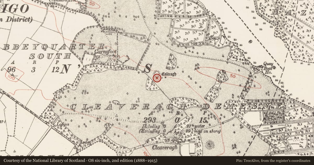 Ordnance Survey six-inch map, 2nd edition (1888–1915) covering the location of Children's burial ground, Cleaveragh Demesne, County Sligo, with a pin at the register's coordinates