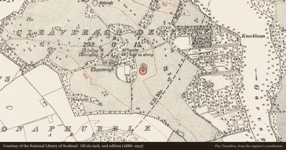 Ordnance Survey six-inch map, 2nd edition (1888–1915) covering the location of Ringfort - rath, Cleaveragh Demesne, County Sligo, with a pin at the register's coordinates