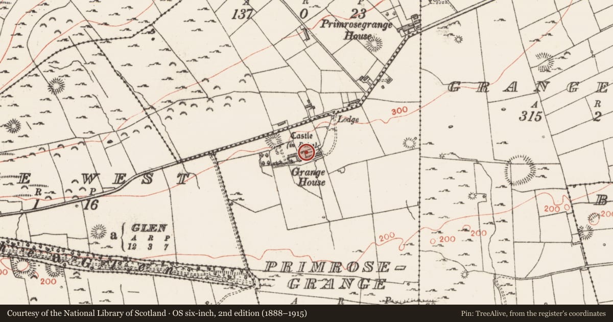 Ordnance Survey six-inch map, 2nd edition (1888–1915) covering the location of Bullaun stone, Primrosegrange, County Sligo, with a pin at the register's coordinates