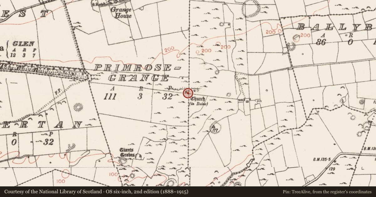 Ordnance Survey six-inch map, 2nd edition (1888–1915) covering the location of Church, Primrosegrange, County Sligo, with a pin at the register's coordinates
