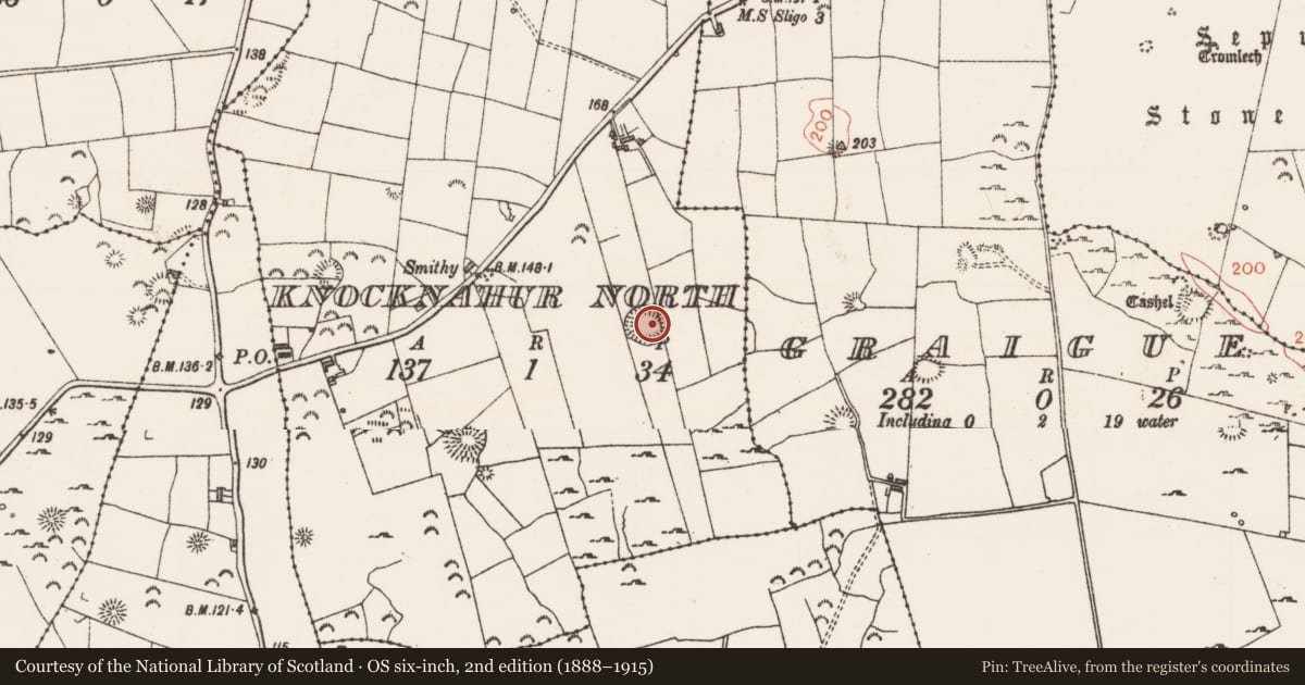 Ordnance Survey six-inch map, 2nd edition (1888–1915) covering the location of Ringfort - rath, Knocknahur North, County Sligo, with a pin at the register's coordinates