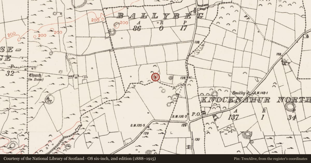 Ordnance Survey six-inch map, 2nd edition (1888–1915) covering the location of Field boundary, Ballybeg, County Sligo, with a pin at the register's coordinates