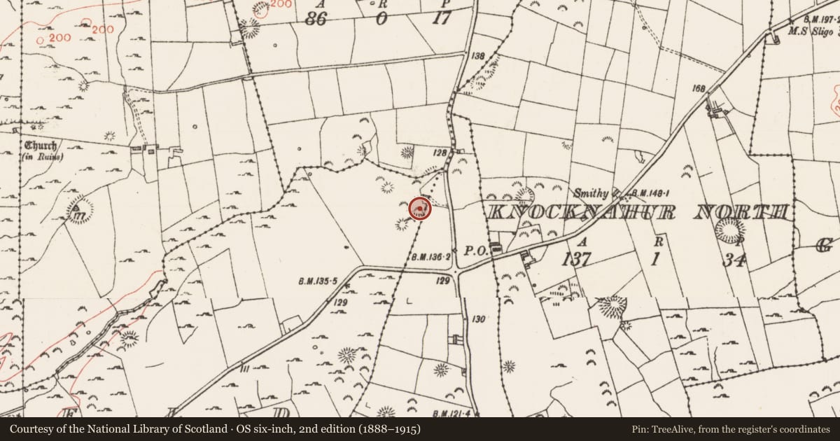 Ordnance Survey six-inch map, 2nd edition (1888–1915) covering the location of Enclosure, Seafield, County Sligo, with a pin at the register's coordinates