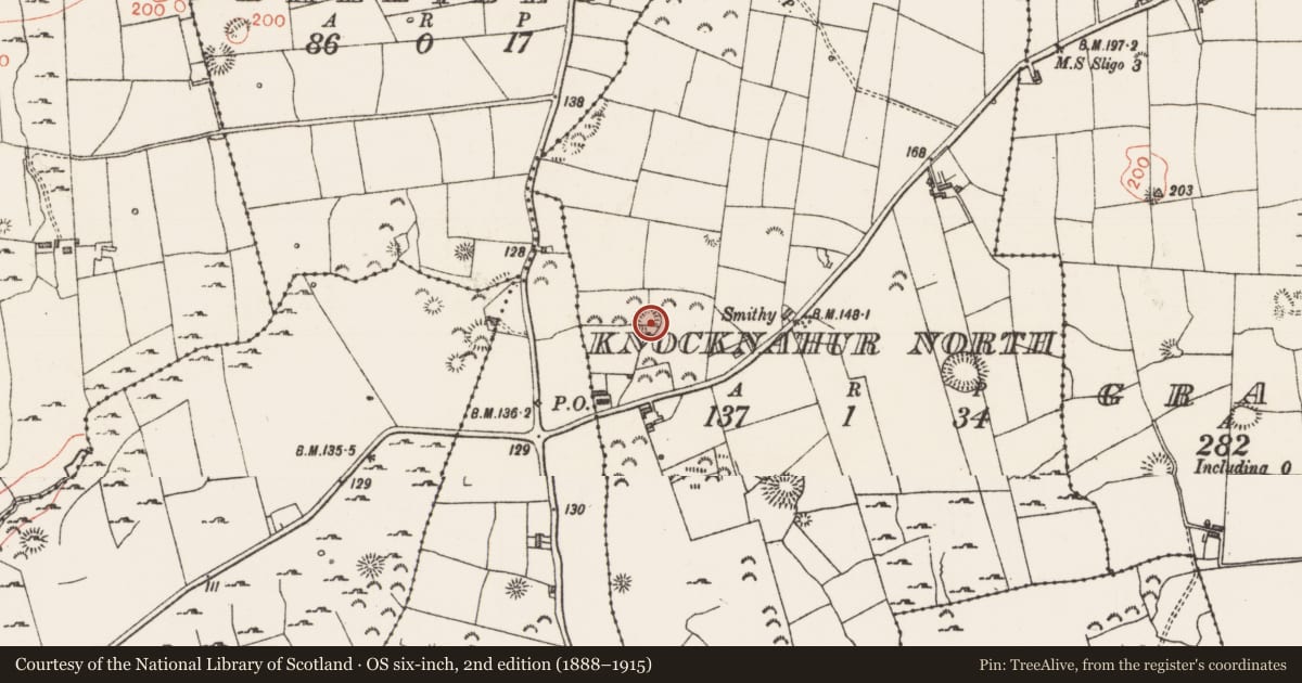 Ordnance Survey six-inch map, 2nd edition (1888–1915) covering the location of Enclosure, Knocknahur North, County Sligo, with a pin at the register's coordinates