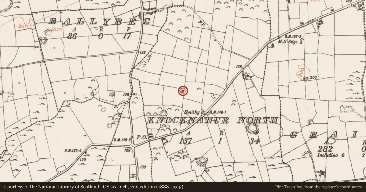 Ordnance Survey six-inch map, 2nd edition (1888–1915) covering the location of Enclosure, Knocknahur North, County Sligo, with a pin at the register's coordinates