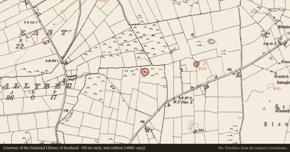 Ordnance Survey six-inch map, 2nd edition (1888–1915) covering the location of Enclosure, Knocknahur North, County Sligo, with a pin at the register's coordinates