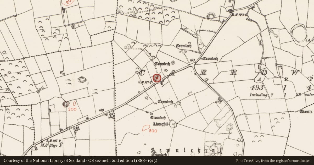 Ordnance Survey six-inch map, 2nd edition (1888–1915) covering the location of Megalithic tomb - passage tomb, Carrowmore, County Sligo, with a pin at the register's coordinates