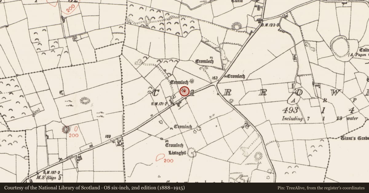 Ordnance Survey six-inch map, 2nd edition (1888–1915) covering the location of Megalithic tomb - passage tomb, Carrowmore, County Sligo, with a pin at the register's coordinates