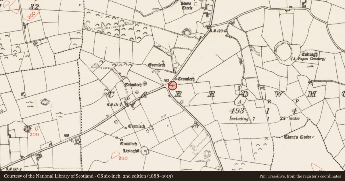 Ordnance Survey six-inch map, 2nd edition (1888–1915) covering the location of Megalithic structure, Carrowmore, County Sligo, with a pin at the register's coordinates