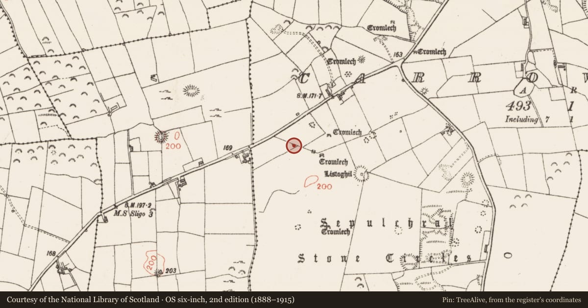 Ordnance Survey six-inch map, 2nd edition (1888–1915) covering the location of Megalithic structure, Carrowmore, County Sligo, with a pin at the register's coordinates