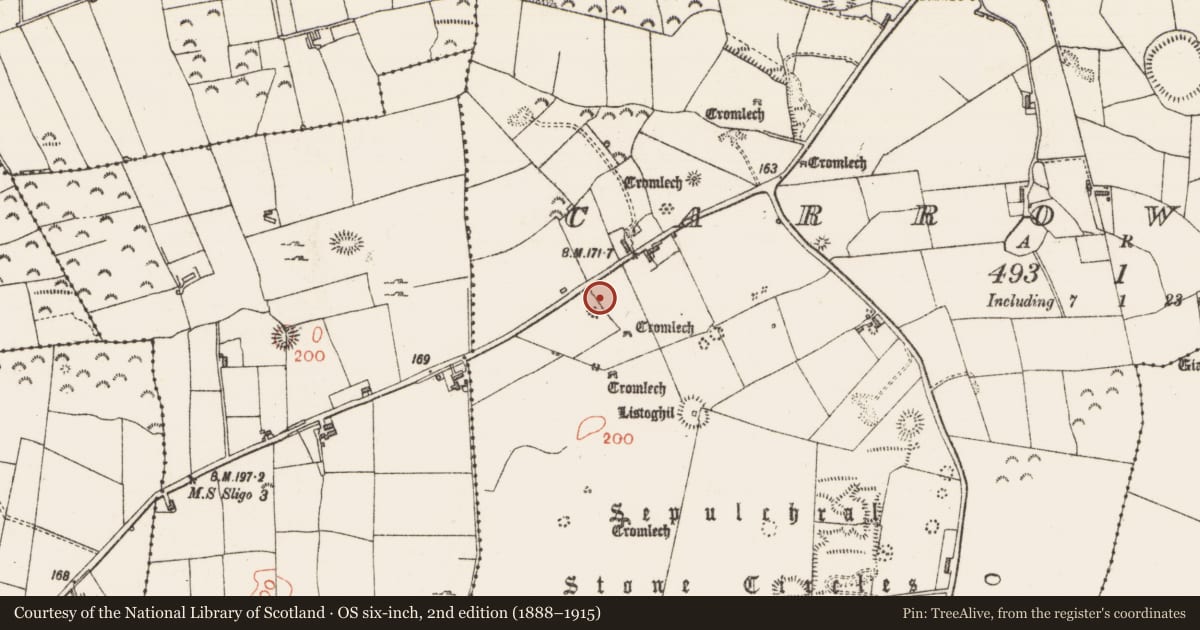 Ordnance Survey six-inch map, 2nd edition (1888–1915) covering the location of Megalithic structure, Carrowmore, County Sligo, with a pin at the register's coordinates