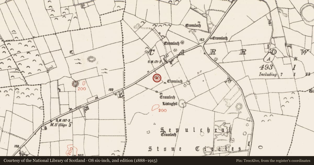 Ordnance Survey six-inch map, 2nd edition (1888–1915) covering the location of Cairn - unclassified, Carrowmore, County Sligo, with a pin at the register's coordinates