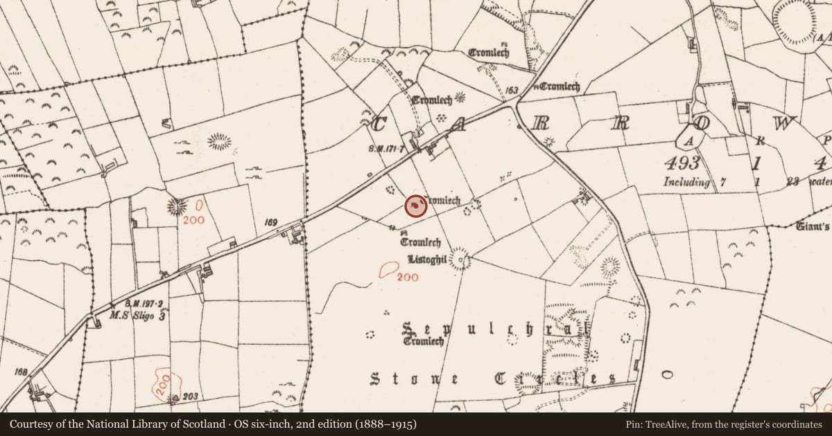 Ordnance Survey six-inch map, 2nd edition (1888–1915) covering the location of Megalithic tomb - passage tomb, Carrowmore, County Sligo, with a pin at the register's coordinates