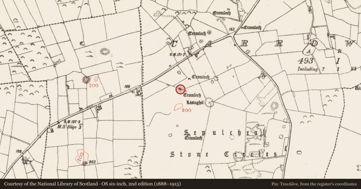 Ordnance Survey six-inch map, 2nd edition (1888–1915) covering the location of Megalithic tomb - passage tomb, Carrowmore, County Sligo, with a pin at the register's coordinates