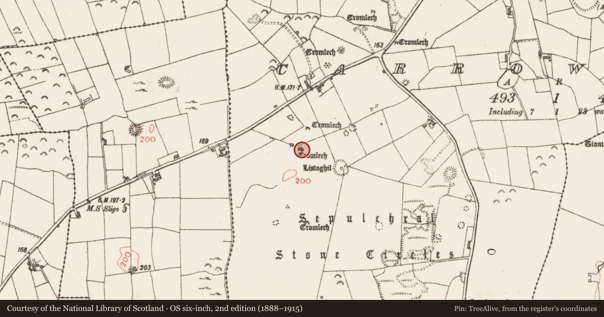 Ordnance Survey six-inch map, 2nd edition (1888–1915) covering the location of Megalithic tomb - passage tomb, Carrowmore, County Sligo, with a pin at the register's coordinates