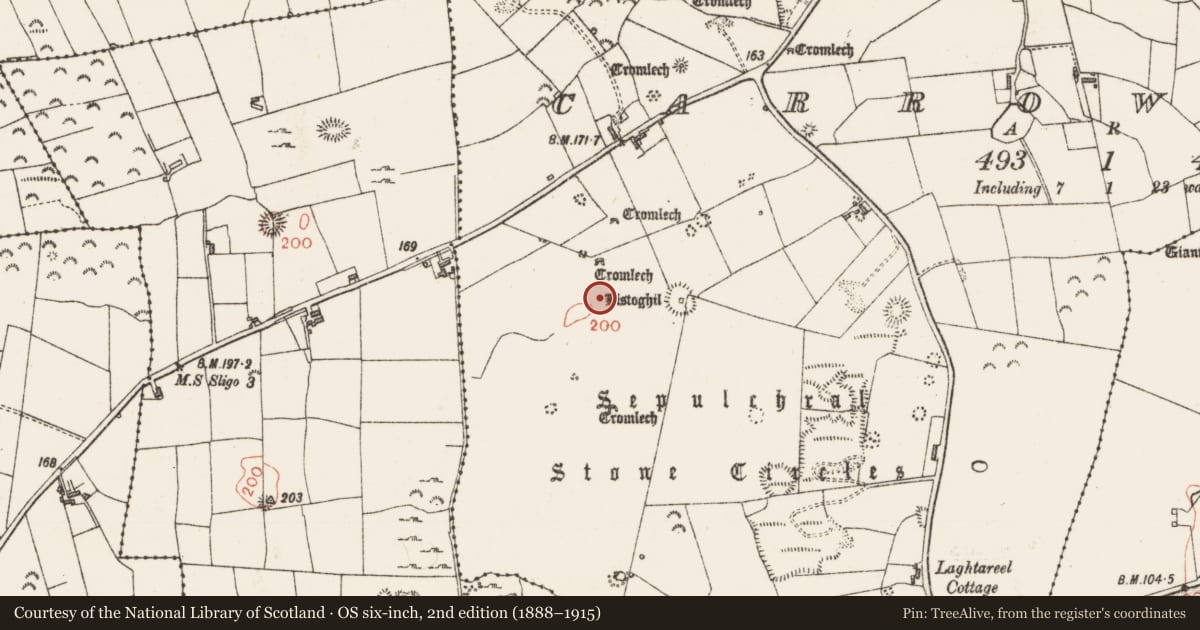 Ordnance Survey six-inch map, 2nd edition (1888–1915) covering the location of Megalithic structure, Carrowmore, County Sligo, with a pin at the register's coordinates