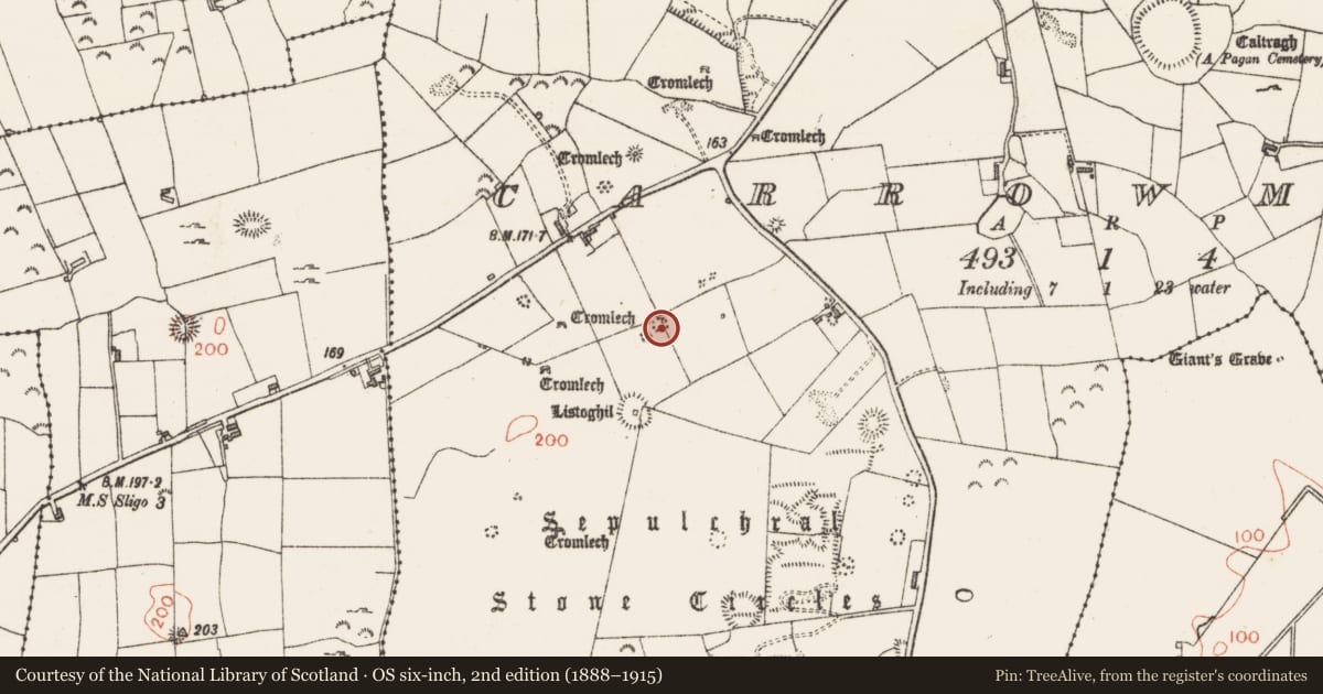 Ordnance Survey six-inch map, 2nd edition (1888–1915) covering the location of Megalithic tomb - passage tomb, Carrowmore, County Sligo, with a pin at the register's coordinates