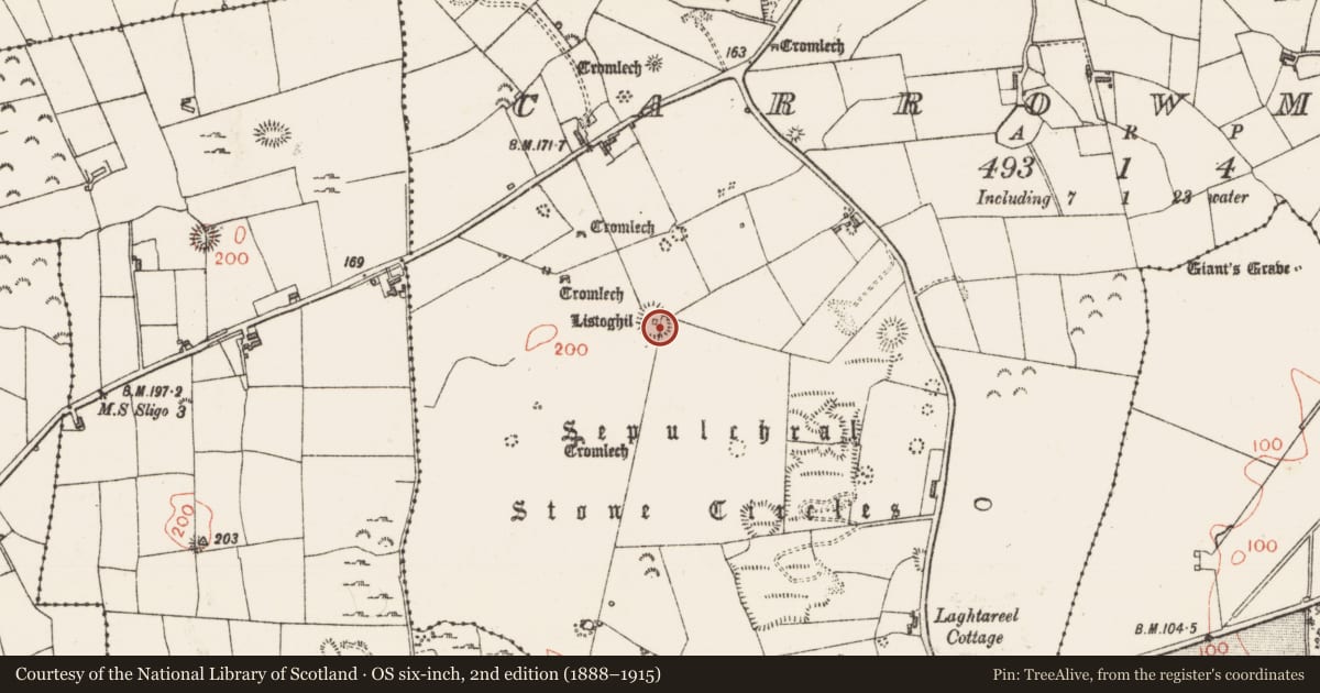 Ordnance Survey six-inch map, 2nd edition (1888–1915) covering the location of Megalithic tomb - passage tomb, Carrowmore, County Sligo, with a pin at the register's coordinates