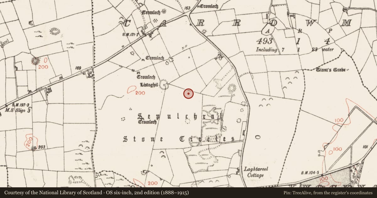 Ordnance Survey six-inch map, 2nd edition (1888–1915) covering the location of Enclosure, Carrowmore, County Sligo, with a pin at the register's coordinates