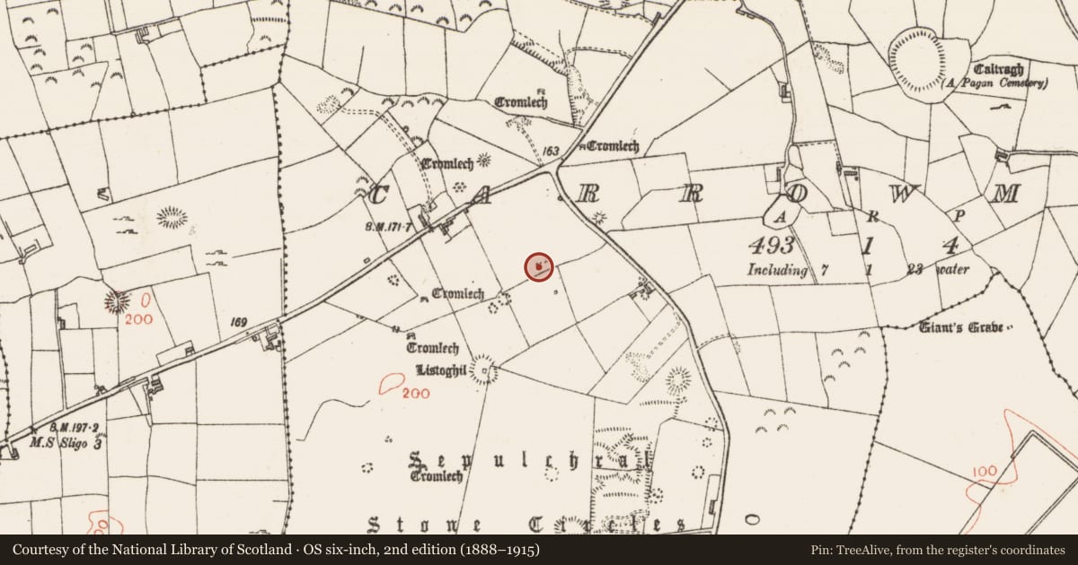 Ordnance Survey six-inch map, 2nd edition (1888–1915) covering the location of Megalithic tomb - unclassified, Carrowmore, County Sligo, with a pin at the register's coordinates