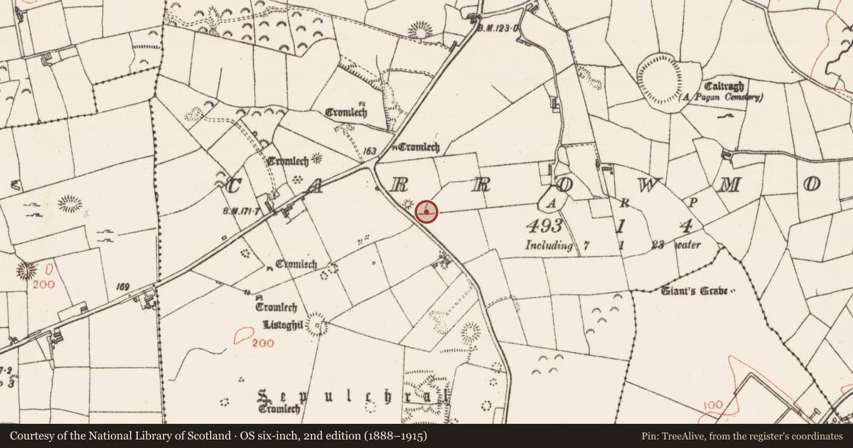 Ordnance Survey six-inch map, 2nd edition (1888–1915) covering the location of Megalithic tomb - passage tomb, Carrowmore, County Sligo, with a pin at the register's coordinates