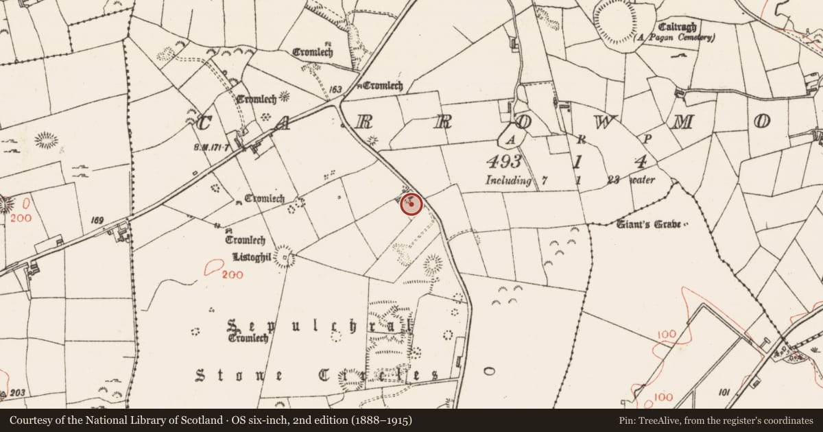 Ordnance Survey six-inch map, 2nd edition (1888–1915) covering the location of Megalithic tomb - passage tomb, Carrowmore, County Sligo, with a pin at the register's coordinates
