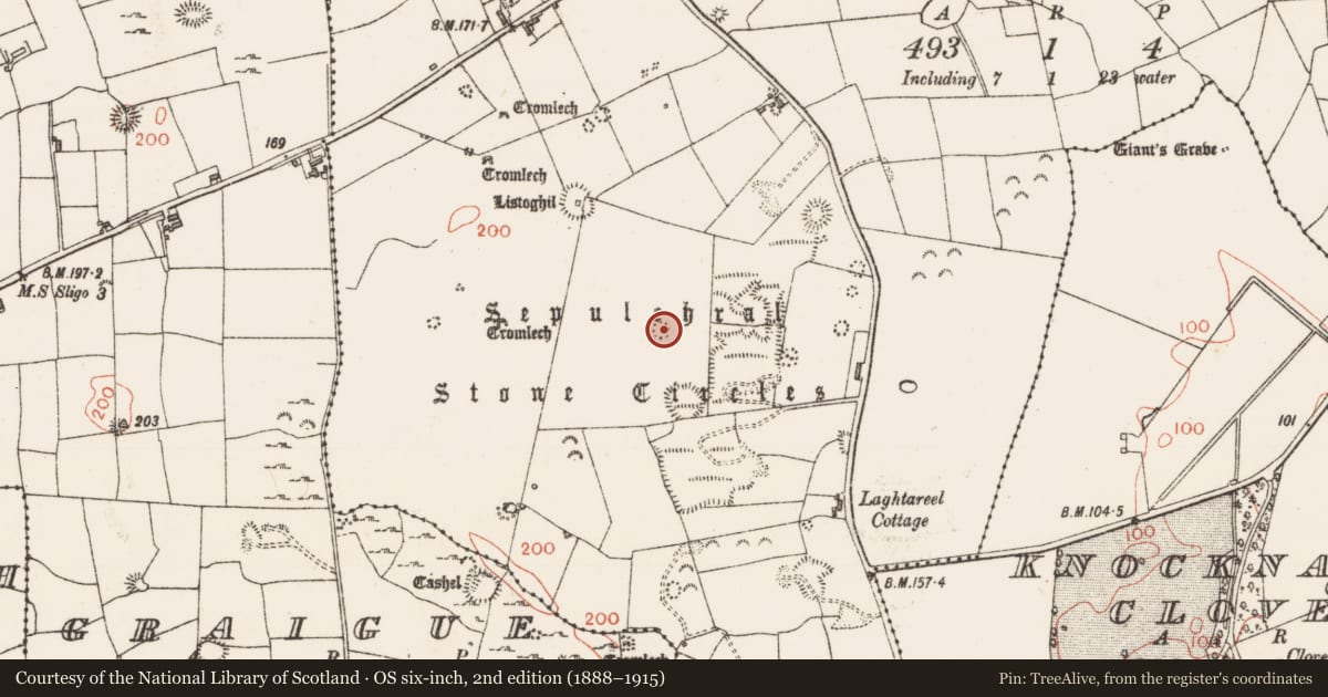 Ordnance Survey six-inch map, 2nd edition (1888–1915) covering the location of Barrow - unclassified, Carrowmore, County Sligo, with a pin at the register's coordinates