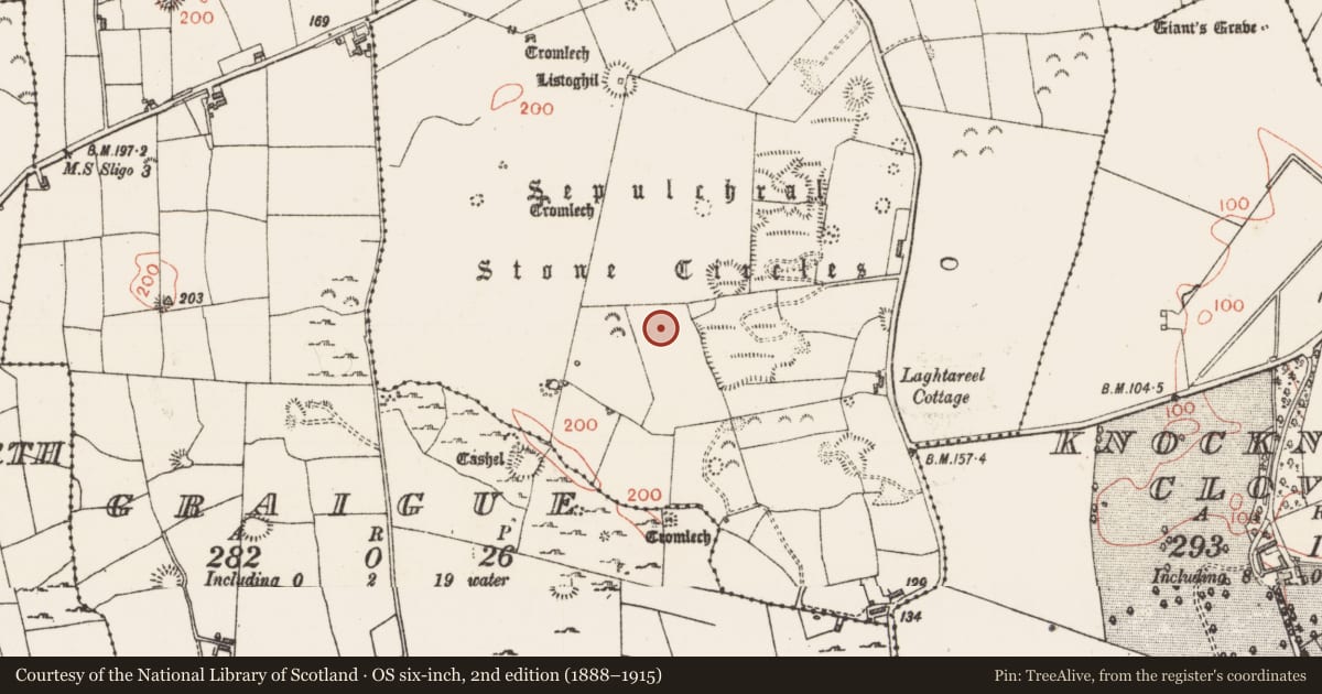 Ordnance Survey six-inch map, 2nd edition (1888–1915) covering the location of Barrow - unclassified, Carrowmore, County Sligo, with a pin at the register's coordinates