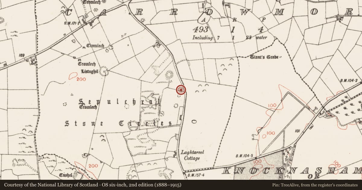 Ordnance Survey six-inch map, 2nd edition (1888–1915) covering the location of Megalithic tomb - passage tomb, Carrowmore, County Sligo, with a pin at the register's coordinates