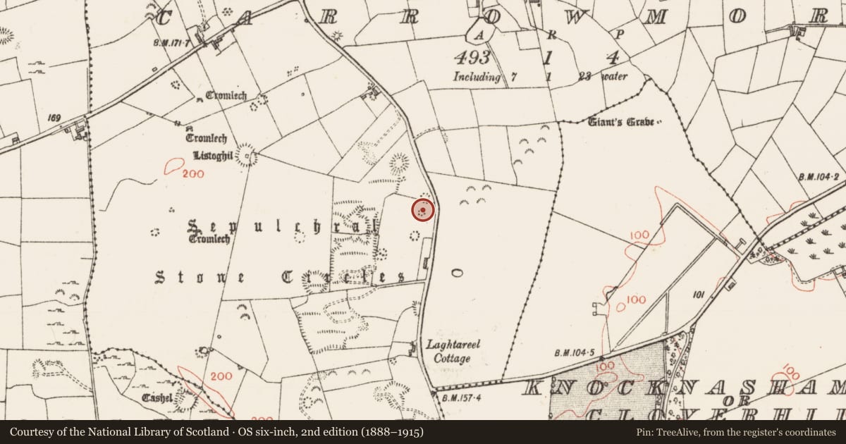 Ordnance Survey six-inch map, 2nd edition (1888–1915) covering the location of Megalithic tomb - passage tomb, Carrowmore, County Sligo, with a pin at the register's coordinates