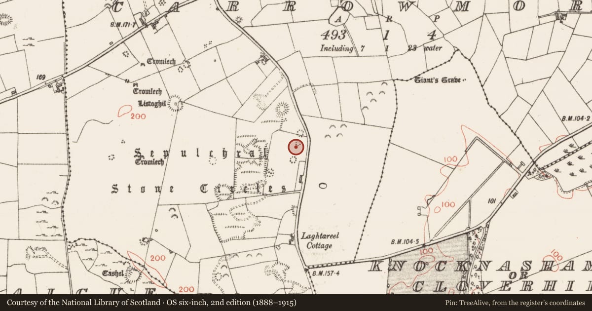 Ordnance Survey six-inch map, 2nd edition (1888–1915) covering the location of Megalithic structure, Carrowmore, County Sligo, with a pin at the register's coordinates