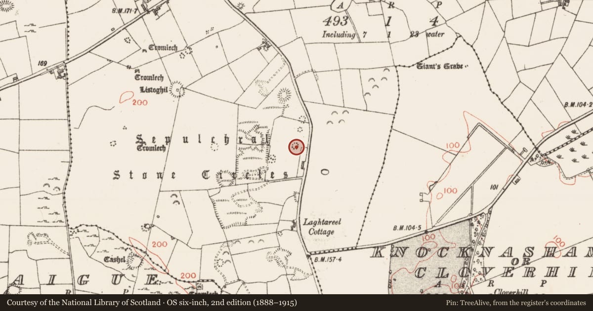 Ordnance Survey six-inch map, 2nd edition (1888–1915) covering the location of Megalithic tomb - passage tomb, Carrowmore, County Sligo, with a pin at the register's coordinates