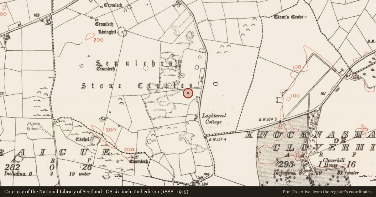 Ordnance Survey six-inch map, 2nd edition (1888–1915) covering the location of Megalithic structure, Carrowmore, County Sligo, with a pin at the register's coordinates