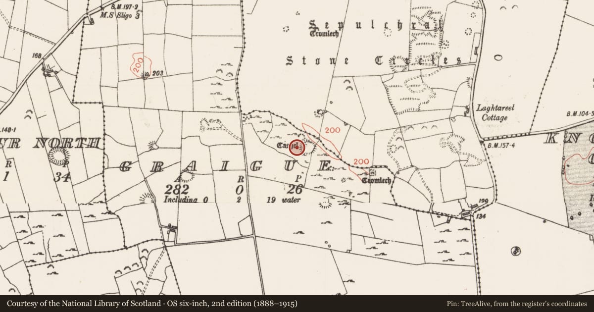 Ordnance Survey six-inch map, 2nd edition (1888–1915) covering the location of Hut site, Graigue, County Sligo, with a pin at the register's coordinates