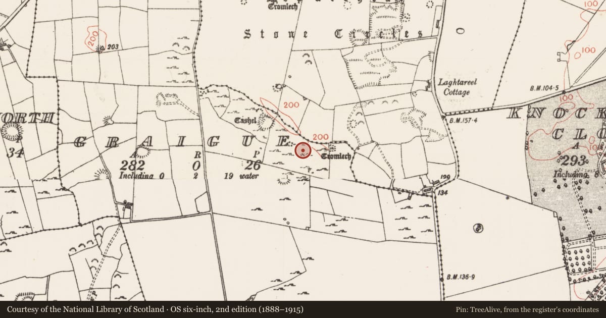 Ordnance Survey six-inch map, 2nd edition (1888–1915) covering the location of Megalithic structure, Graigue, County Sligo, with a pin at the register's coordinates