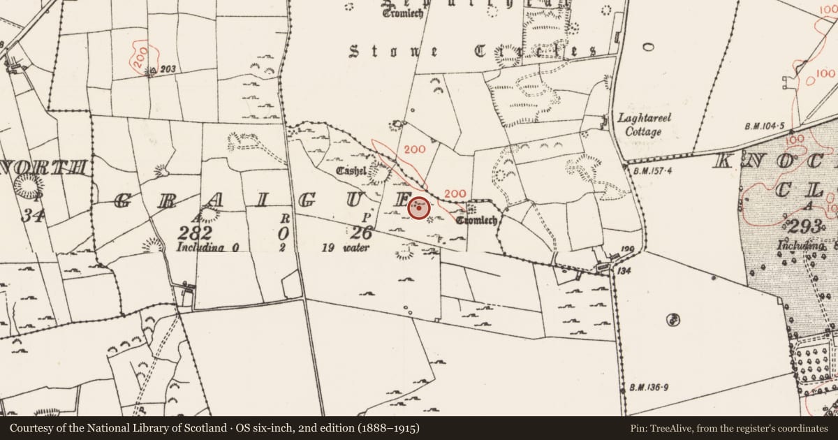 Ordnance Survey six-inch map, 2nd edition (1888–1915) covering the location of Megalithic structure, Graigue, County Sligo, with a pin at the register's coordinates