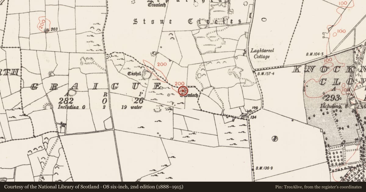 Ordnance Survey six-inch map, 2nd edition (1888–1915) covering the location of Megalithic structure, Graigue, County Sligo, with a pin at the register's coordinates
