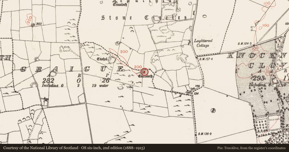 Ordnance Survey six-inch map, 2nd edition (1888–1915) covering the location of Megalithic tomb - passage tomb, Graigue, County Sligo, with a pin at the register's coordinates