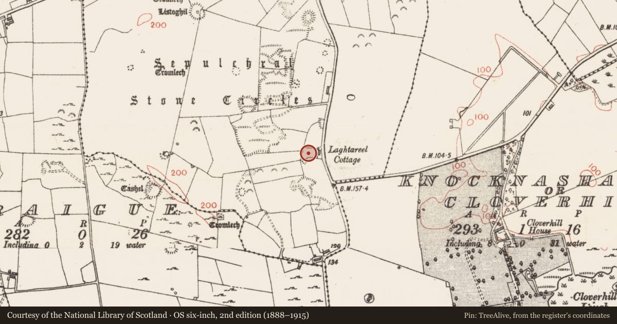 Ordnance Survey six-inch map, 2nd edition (1888–1915) covering the location of Megalithic structure, Carrowmore, County Sligo, with a pin at the register's coordinates